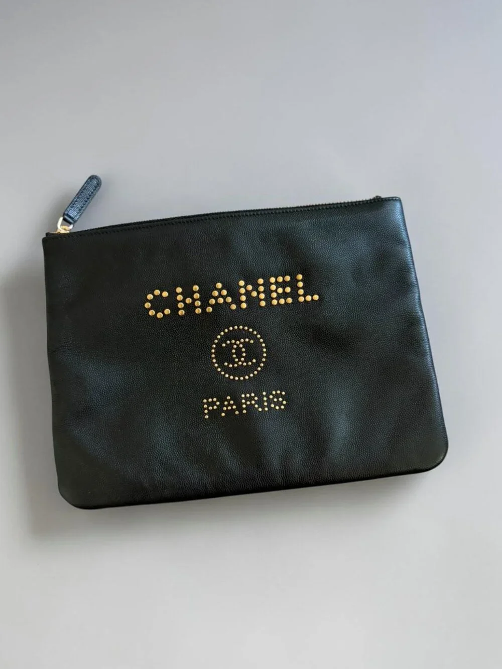 CHANEL Black Leather Caviar Gold Studded Deauville Pouch Clutch w/ Dustbag